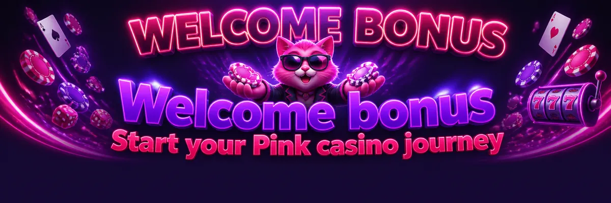 Neon pink cat mascot presenting a welcome bonus on a purple casino banner