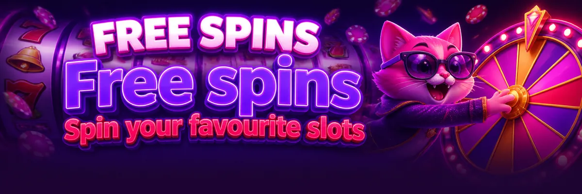 Neon pink cat mascot beside colourful slot reels promoting free spins